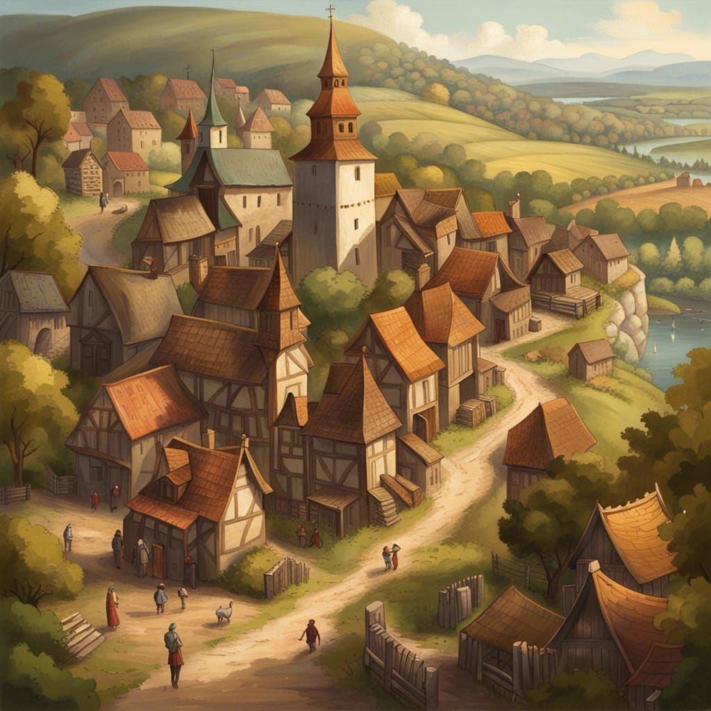 Medieval Townscape with Church, Detailed Matte Painting