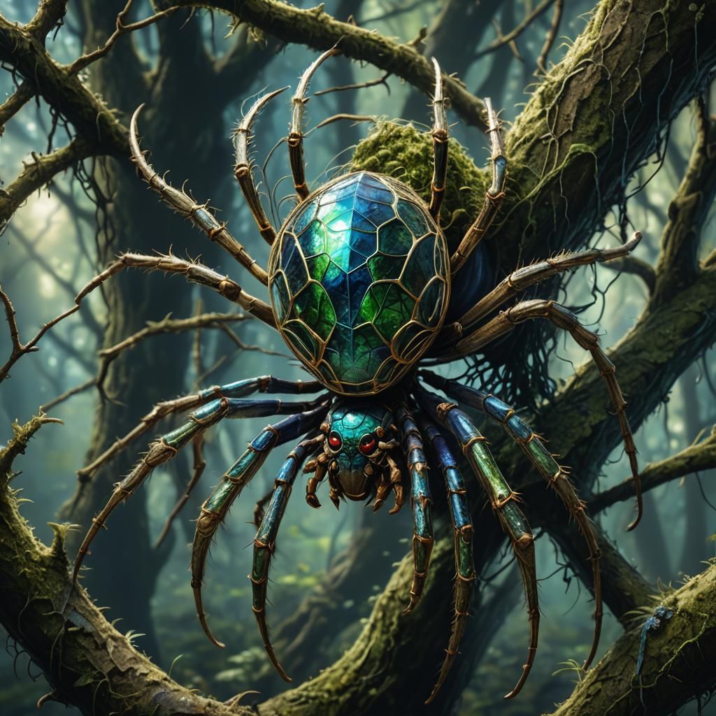 Iridescent Spider Portrait in Mystical Forest