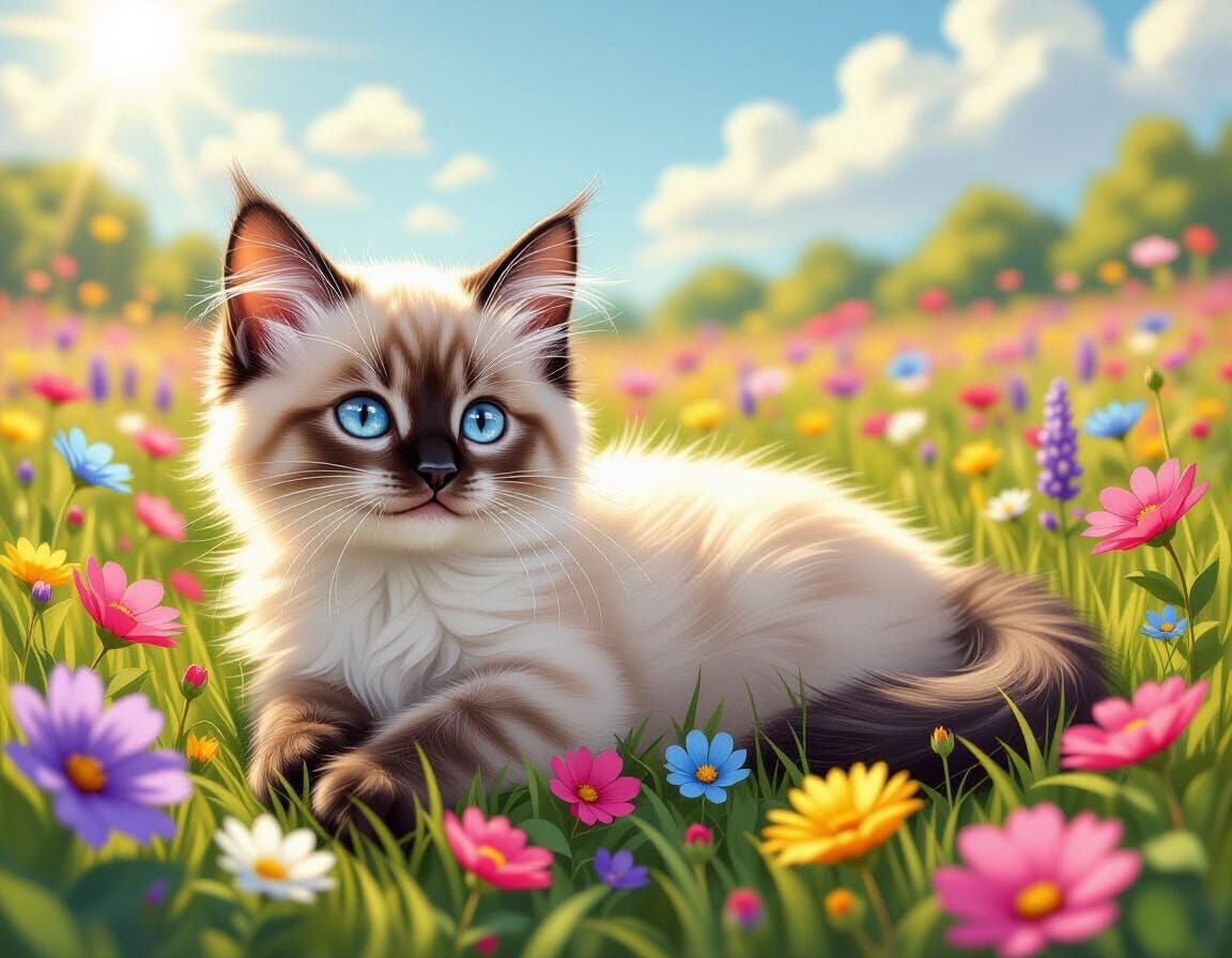 Cute Fluffy Kitten in Colorful Flower Field