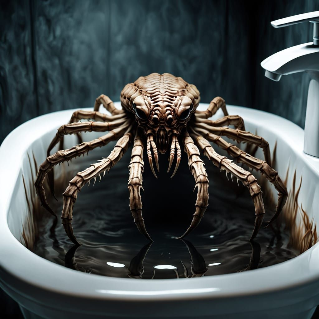 Cinematic Horror Facehugger in Disturbing Toilet Water Scene