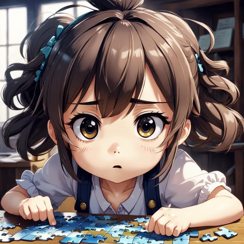 Confused Anime Girl with Puzzle Piece in Hair