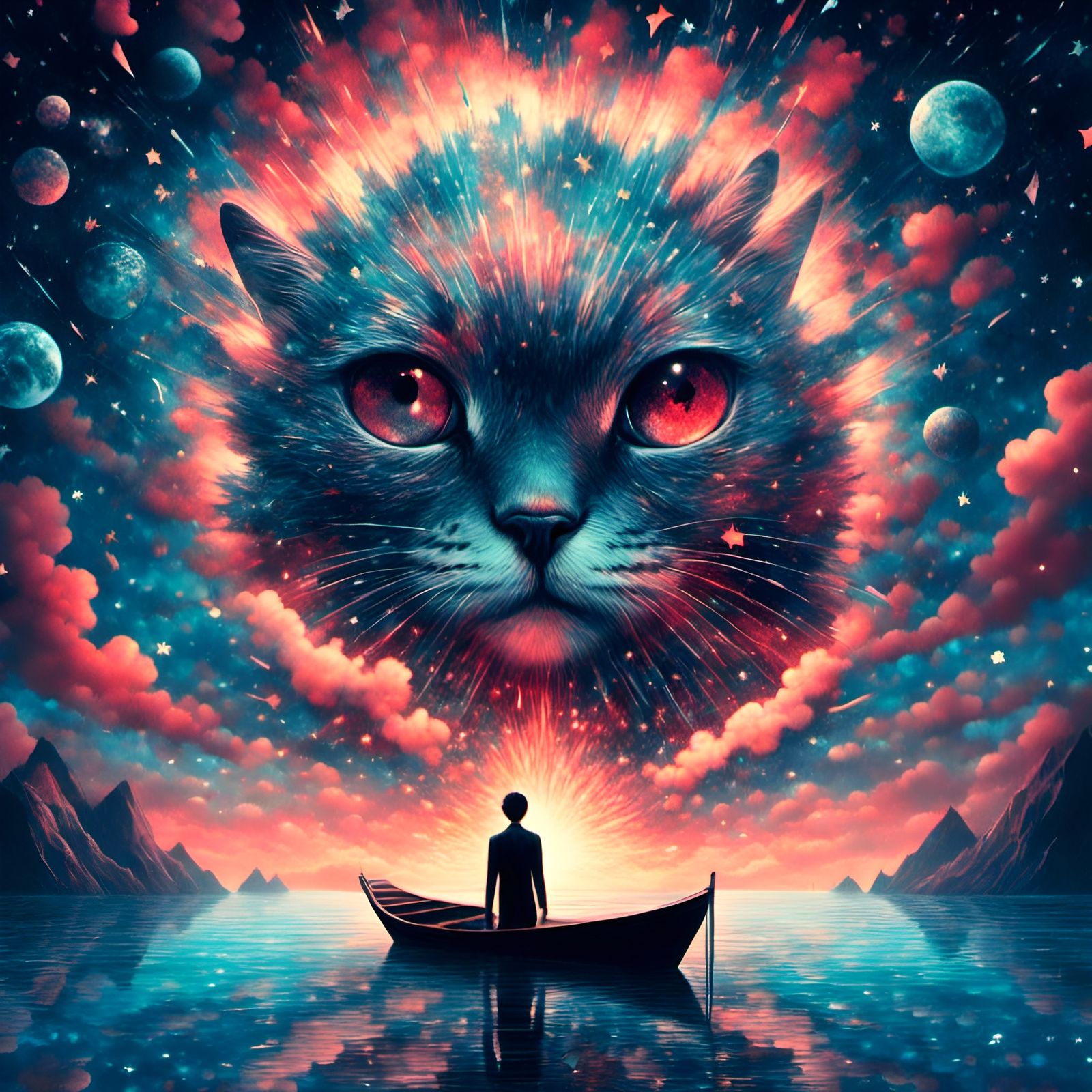 Surreal Man-Cat Firework Dancer in Psychedelic Art