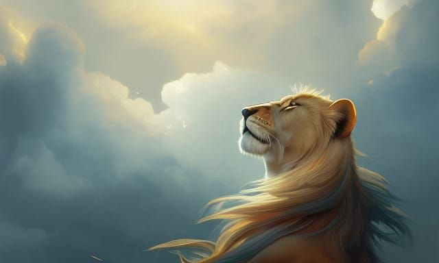 Majestic Lion Emerging from Clouds in Anime Watercolor