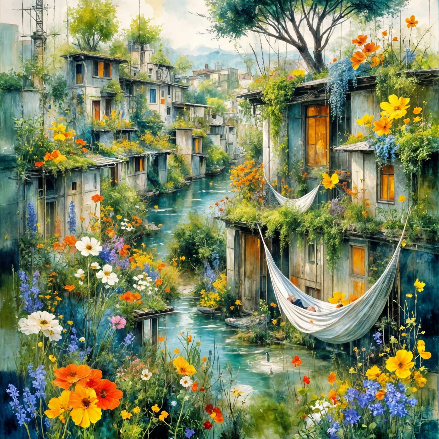 Aerial Rooftop Gardens in Gouache and Ink