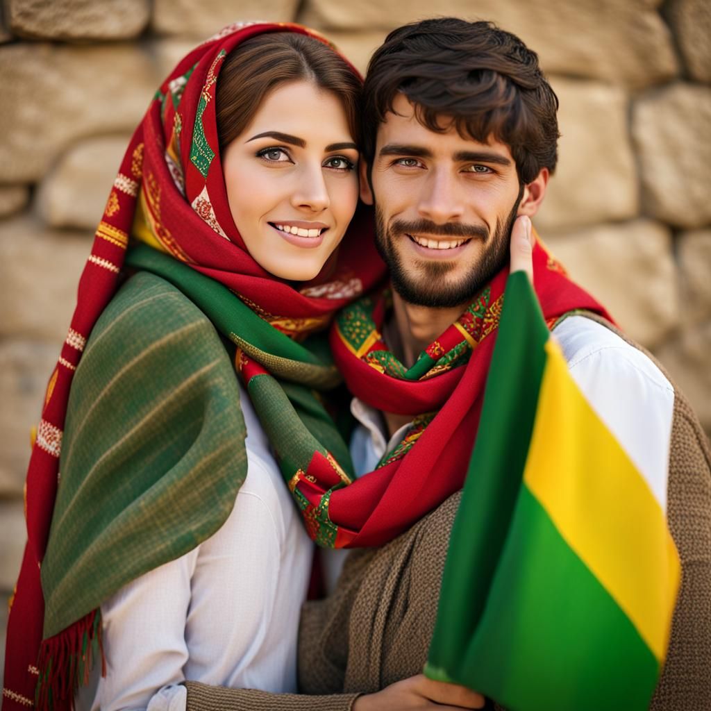 Kurdish Couple Embrace Before National Flag