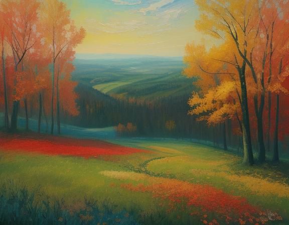 Neo-Impressionist Autumn Landscape with Impasto Texture