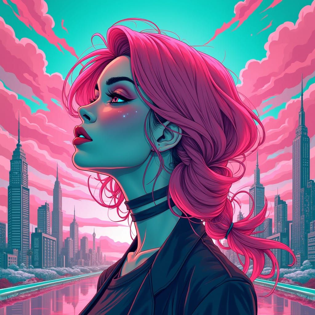 Futuristic Hairdresser in a Vibrant Cityscape