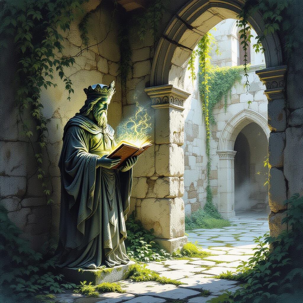 Ancient Stone Magistrate Statue with Glowing Book