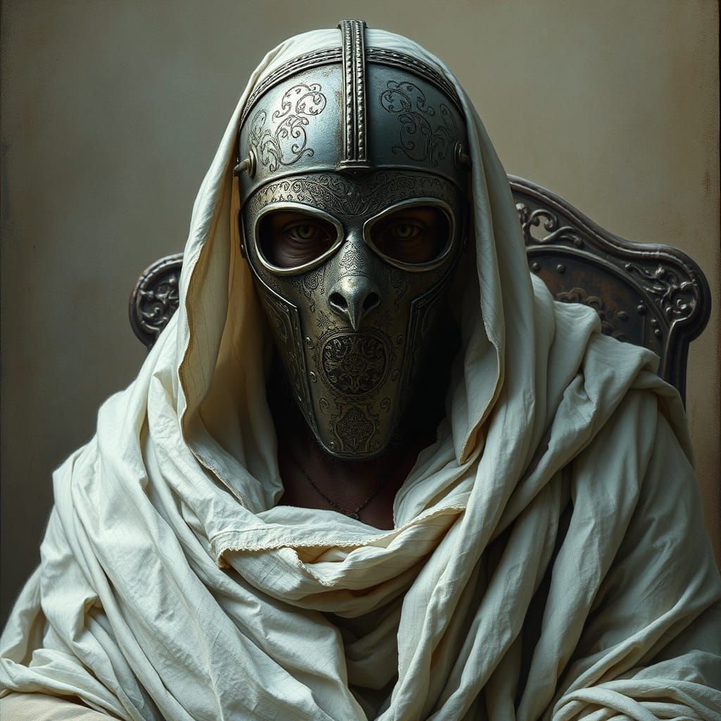 Medieval King in Weathered Metal Mask and Tattered White Lin...