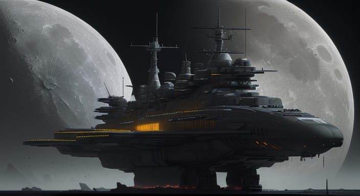 Ethereal Battleship in Lunar Orbit, Cyberpunk Style