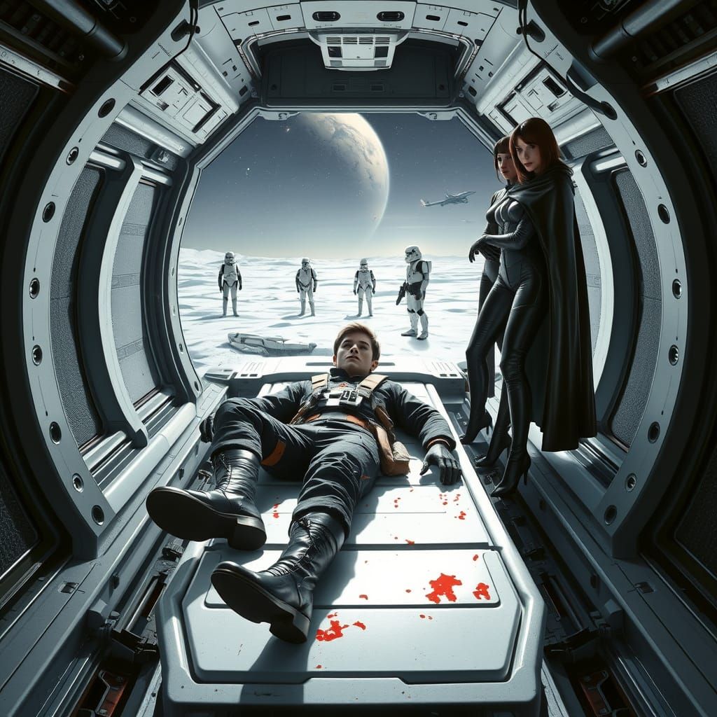 Wounded TIE Pilot Surrounded by Imperial Women in a Futurist...