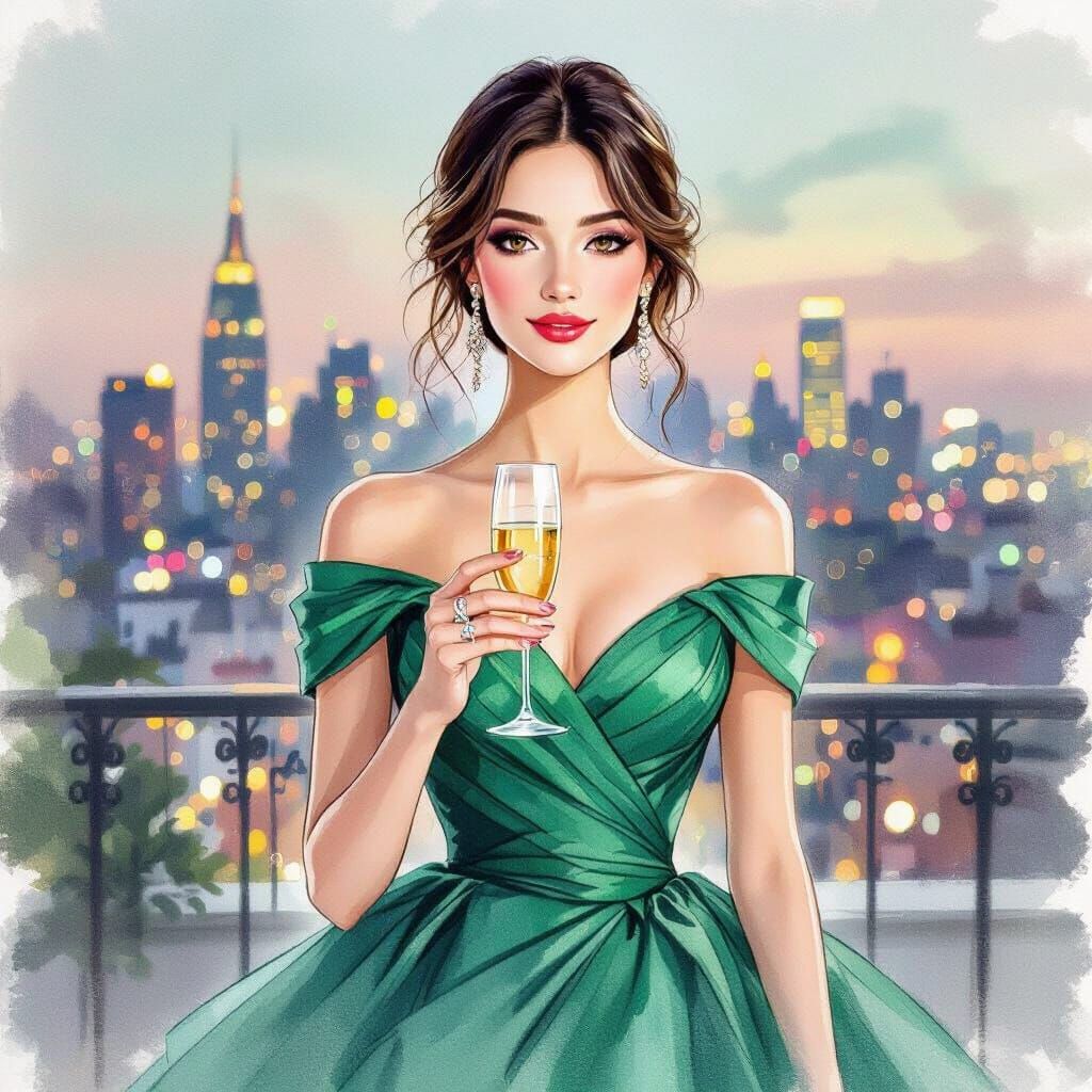 Elegant Woman in Emerald Gown at Rooftop Party
