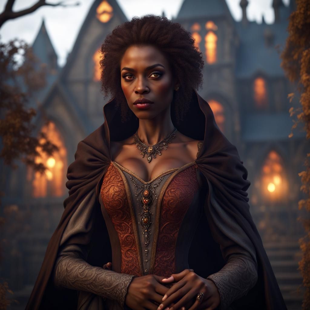 medieval fairytale with brown skin female vampire with amber eyes