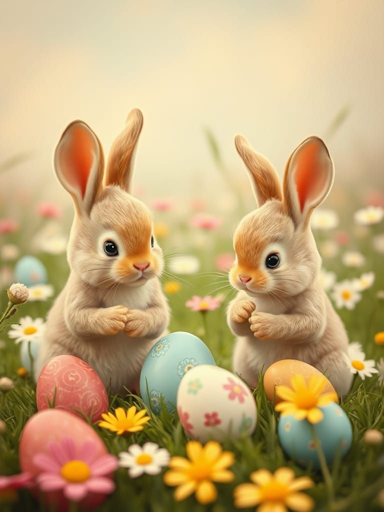 Vintage Easter Bunnies in a Colorful 1950s Meadow