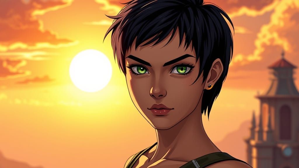 Anime Illustration of Defiant Woman at Sunrise