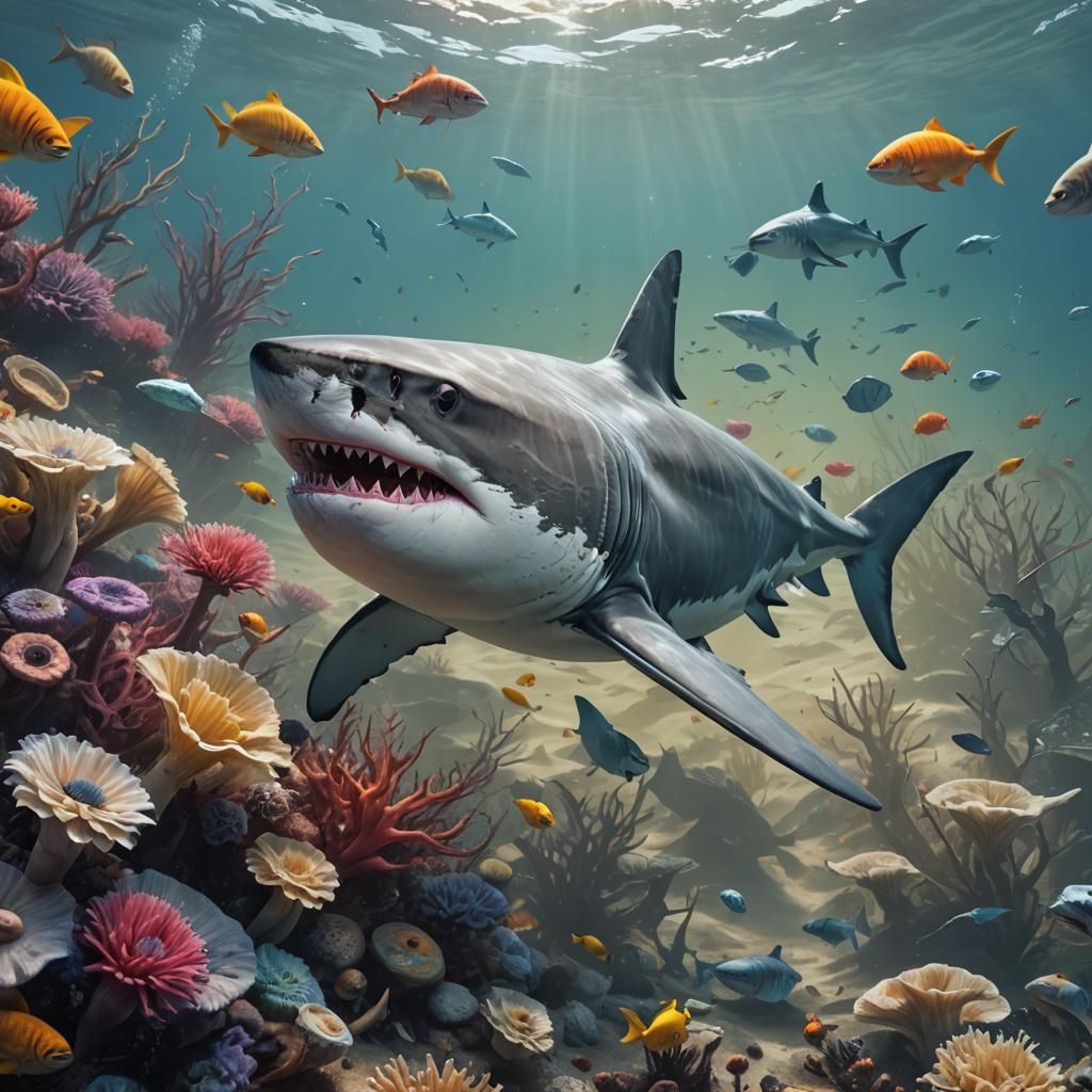 Great White Shark Racing in Underwater Digital Art