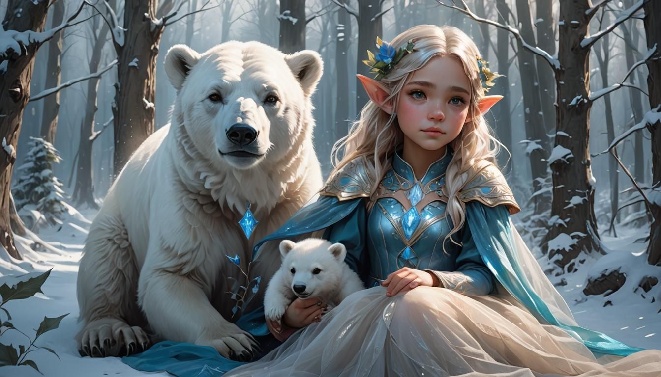 Elf Girl with Polar Bear in Winter Forest