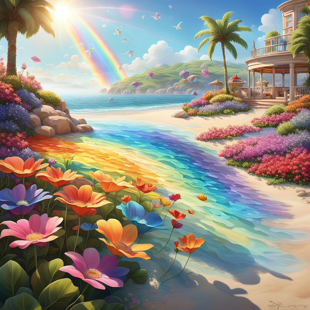 Rainbow Flower in Sunny Garden: 3D Digital Art