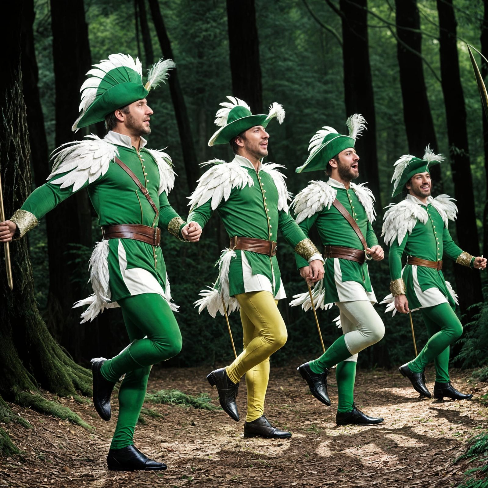 Green Robinhood Merry Men Dancing in Forest