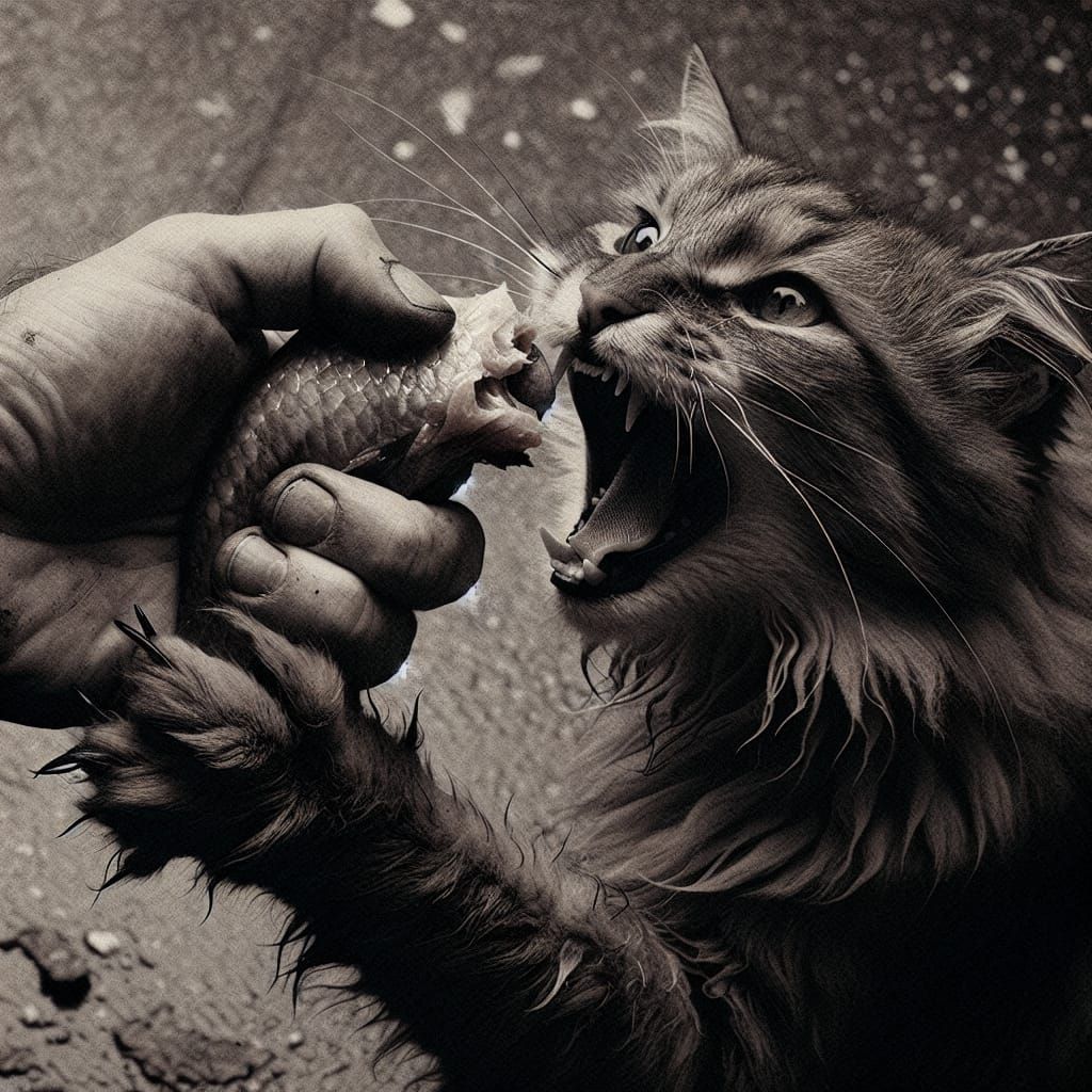 Aggressive Feline Bites Feeding Hand: A Tense Moment