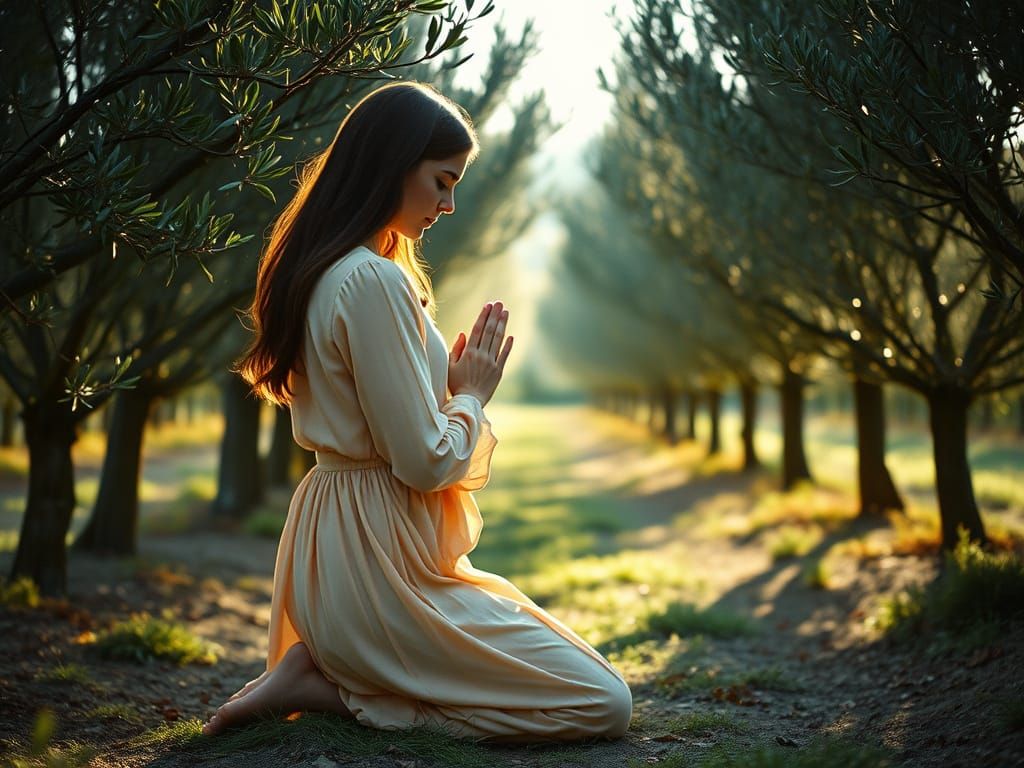 Woman in Pastel Dress Prays in Olive Grove