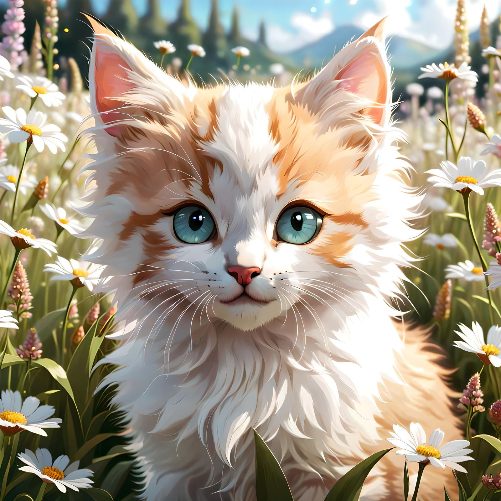 Kitten in Flower Field: Animated Painting Style