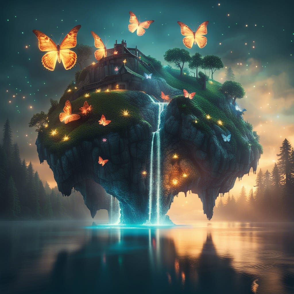 Dragon Island: Surreal Floating Landscape with Butterflies
