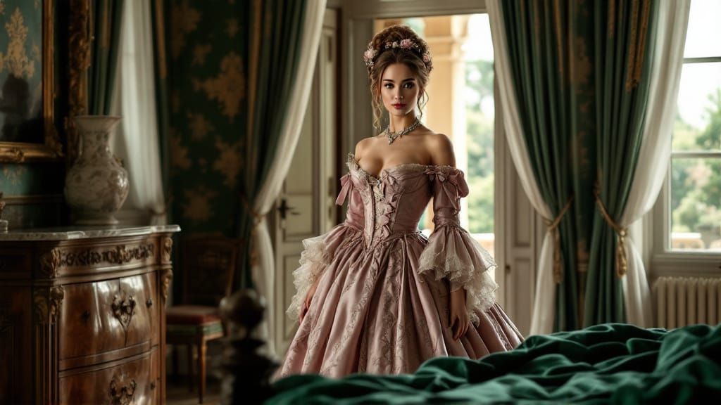 Elegant Woman in 18th-Century Gown Enters Luxurious Room