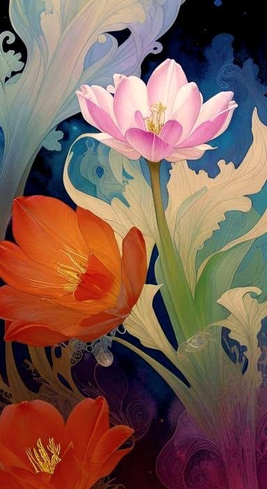 Lone Tulip in Swirling Void: Watercolor Art