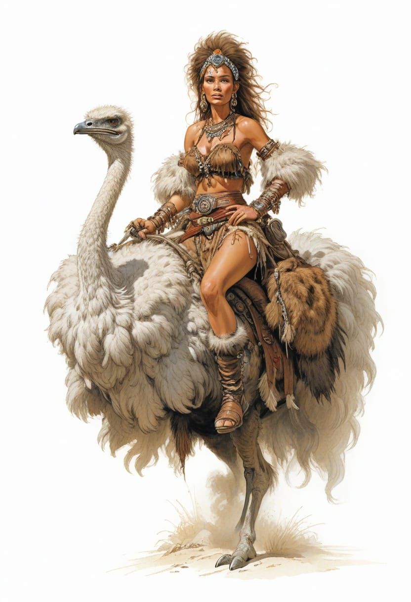 Heroic Fantasy Ostrich Rider in Vivid Colors