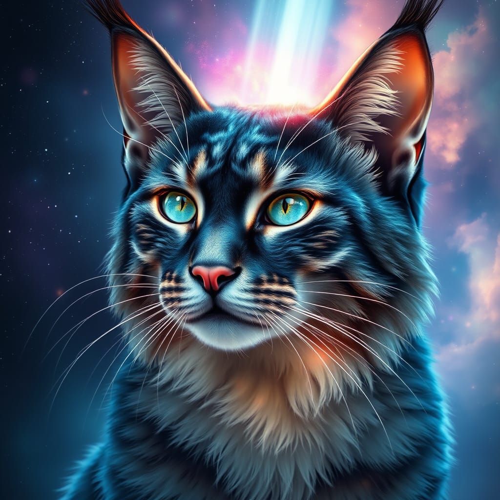 Majestic Sapphire Sphinx Cat with Aurora Crown in Cosmic Neb...