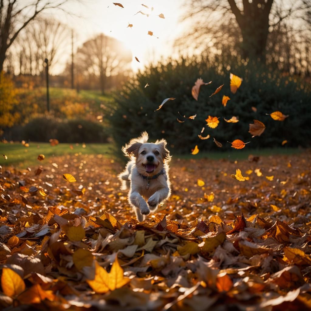 Dog Chasing Autumn Leaves in Golden Hour