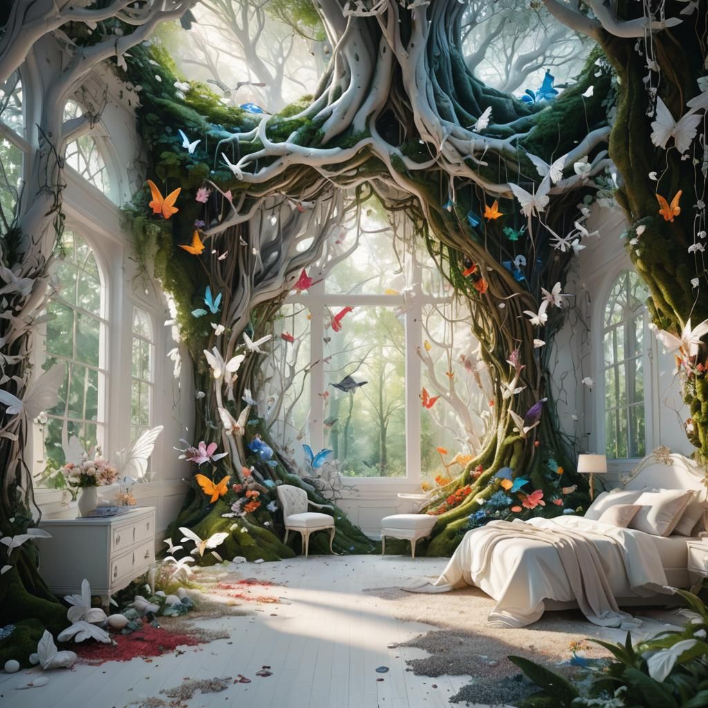 Luxurious Bedroom in Magical Forest with Fairies