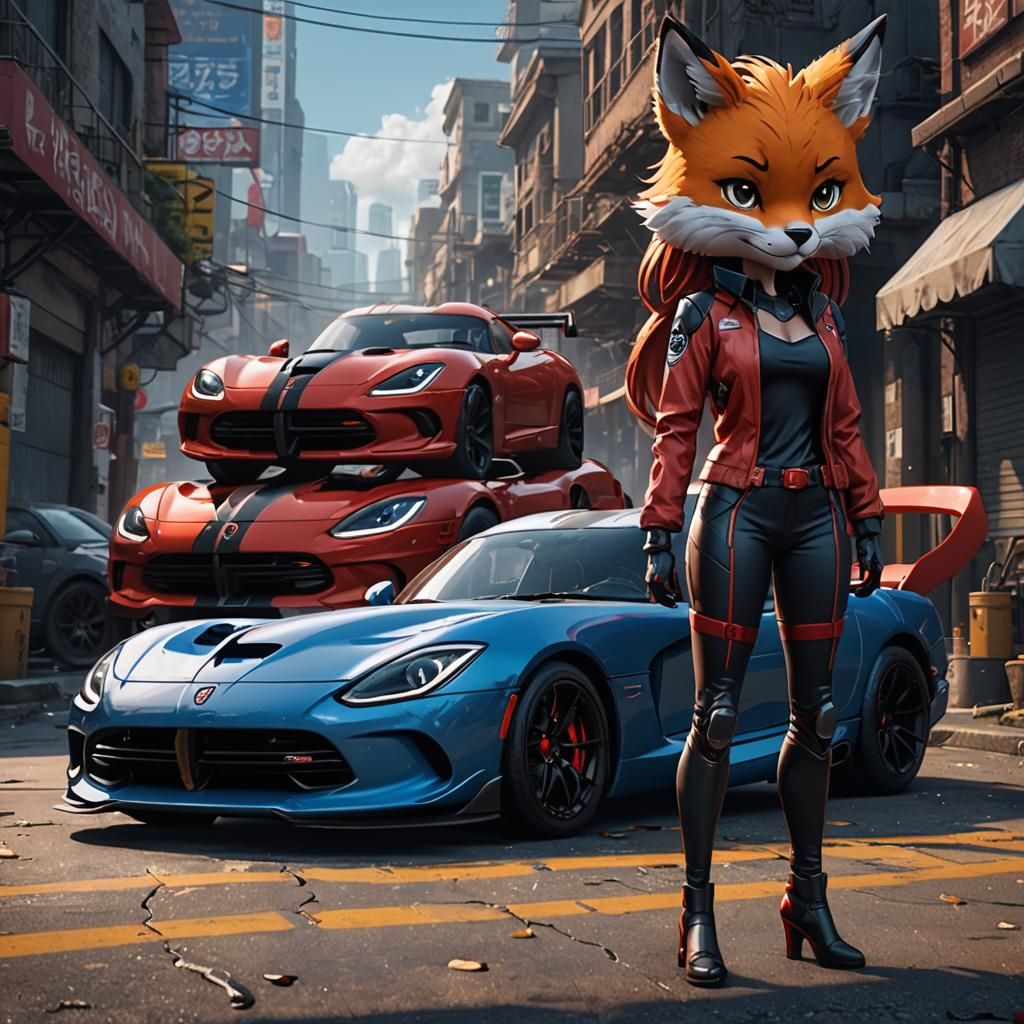 Anime Fox Girl and Dodge Viper, Detailed Matte Painting