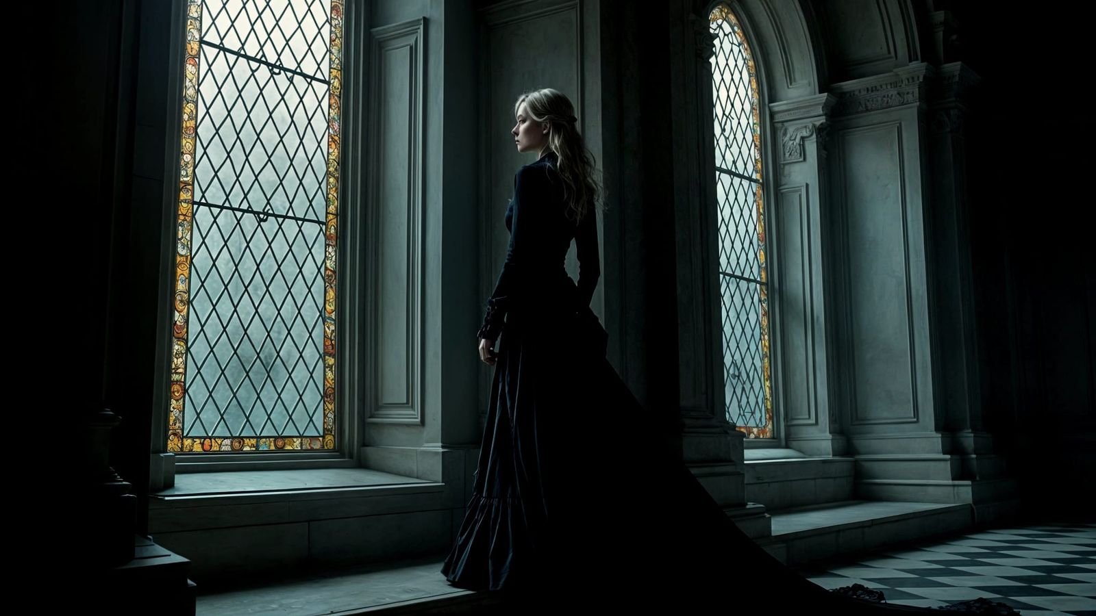 Gothic Woman in Victorian Dress at Chapel Window