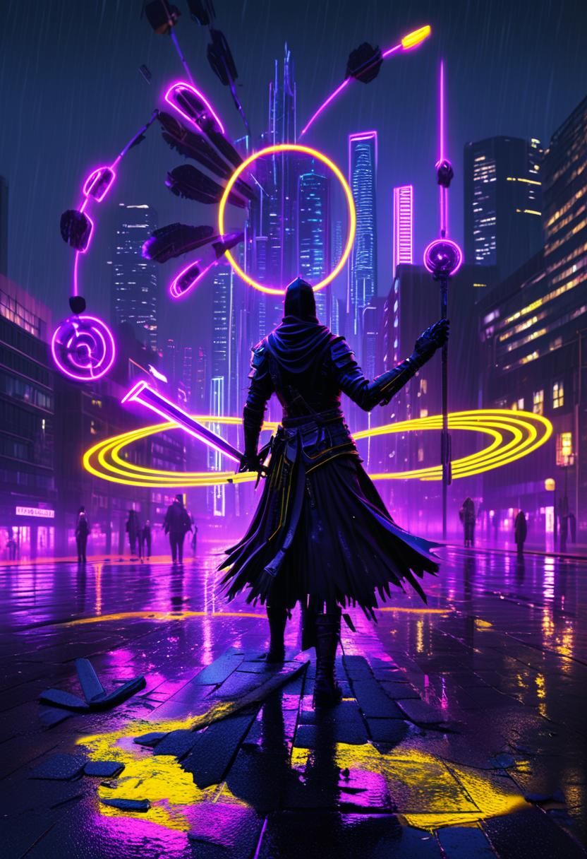 Dark Fantasy Warrior in Neon Cityscape