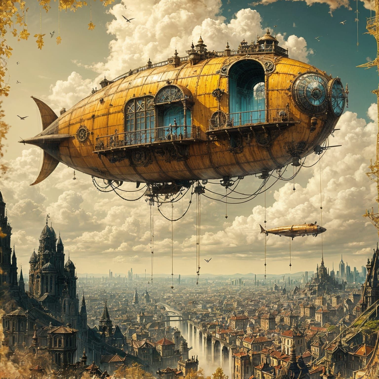 Steampunk Airship Soaring Through Cloudy Skies