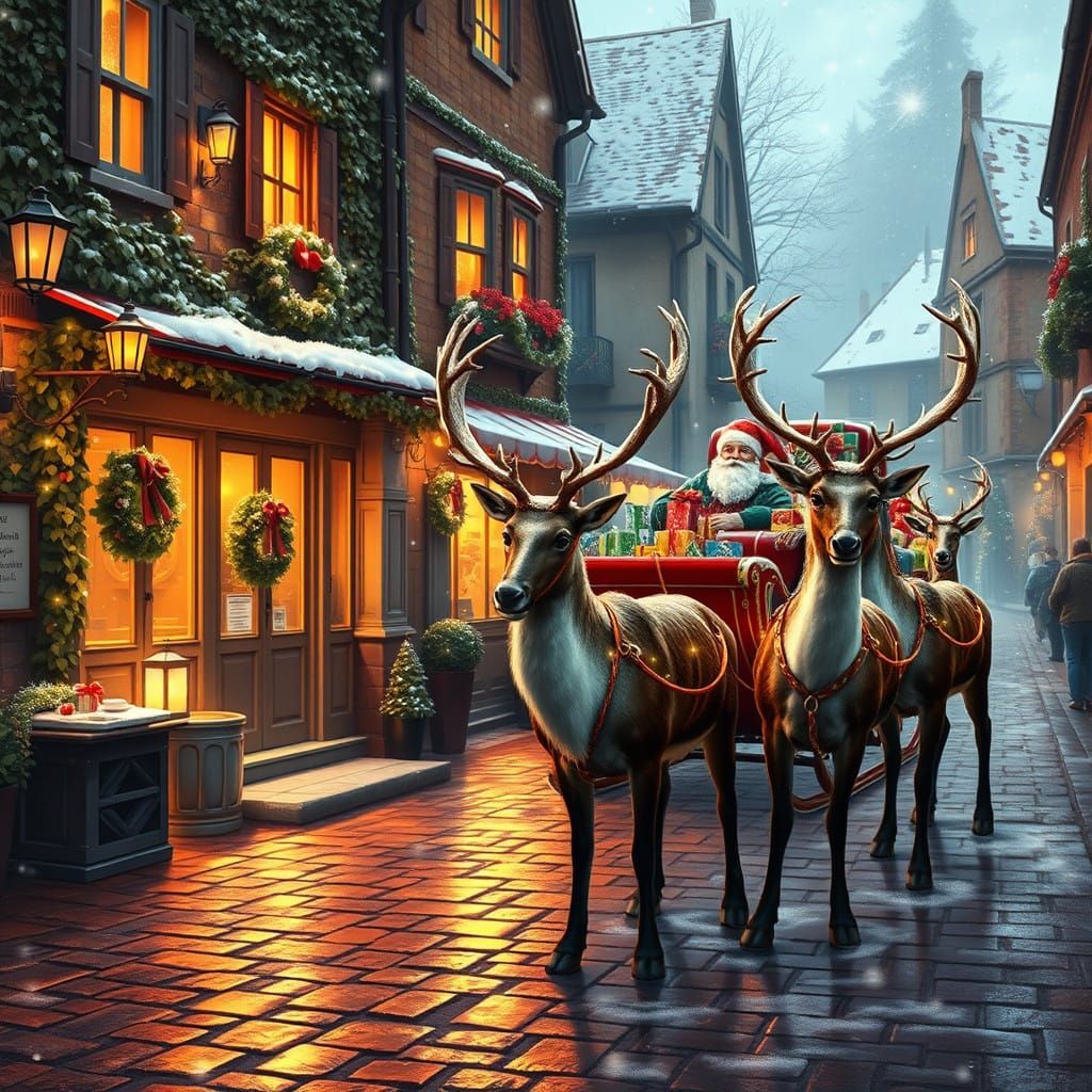 Cozy Winter Wonderland Scene with Rustic Buildings and Majes...