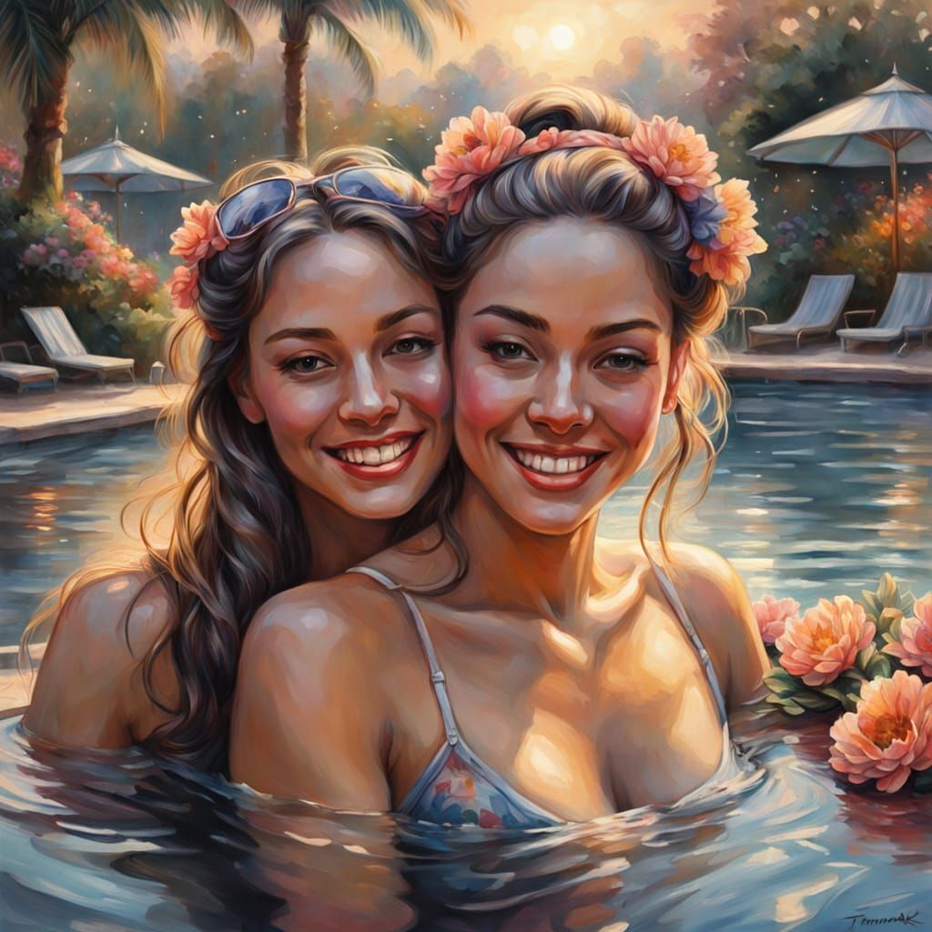 Woman in Bikini by Pool, Ethereal Gouache Style