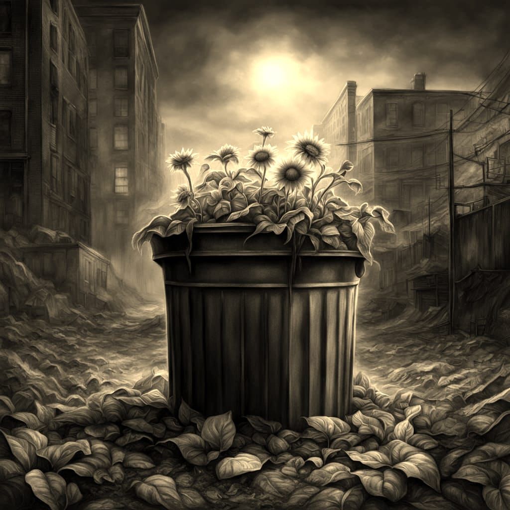 Sunflower Sprouts in Urban Wasteland: Charcoal Drawing