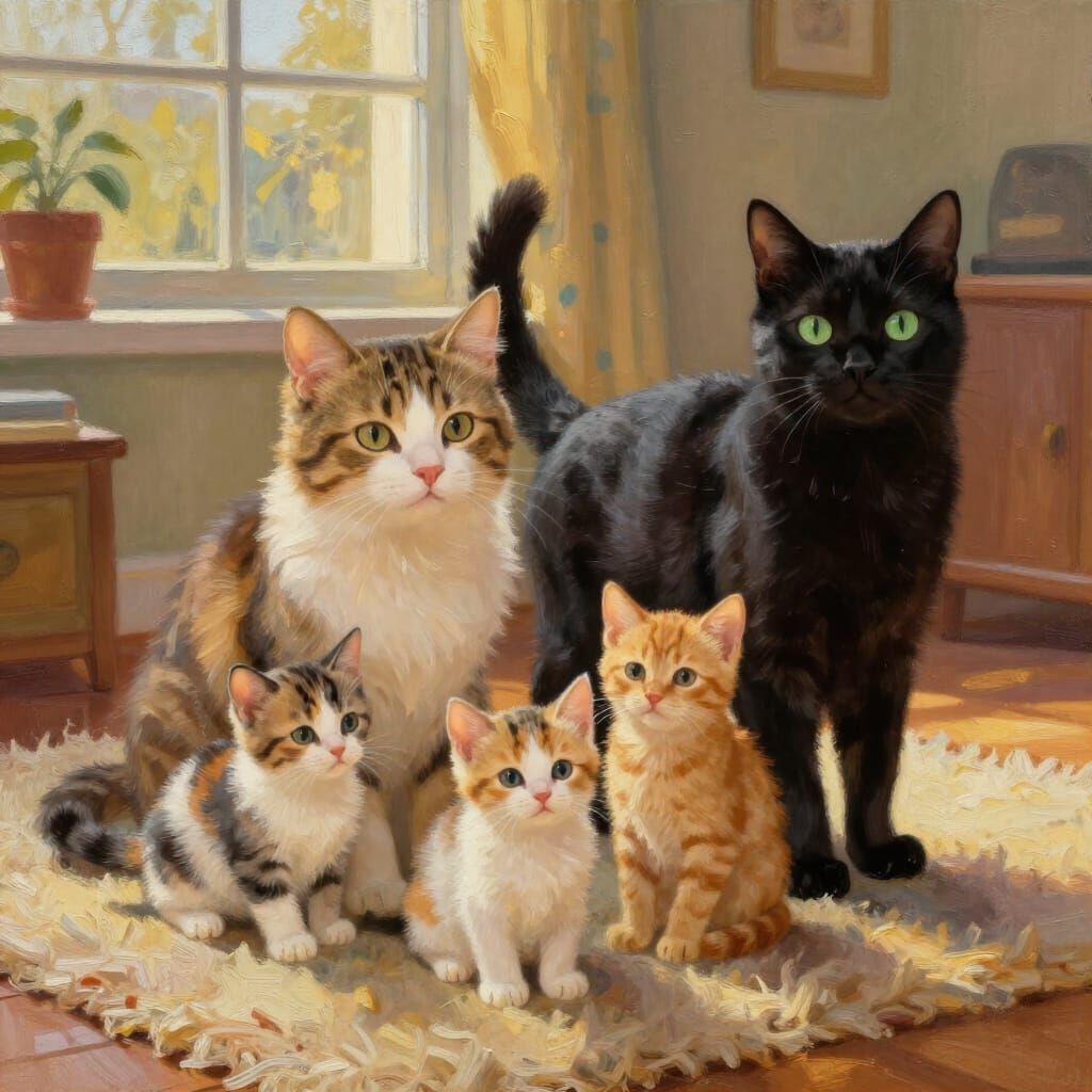 Family Portrait: Cats in a Sunlit Living Room Oil Painting