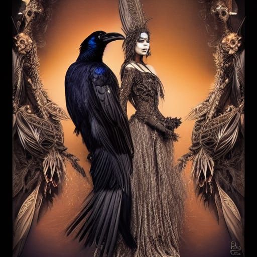 Ornate Raven People Portrait in Art Nouveau Style