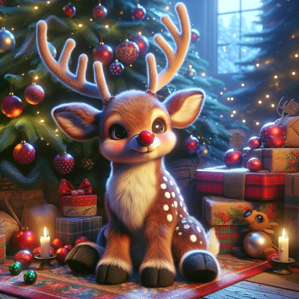 Festive Red-Nosed Reindeer Christmas Fantasy Concept Art