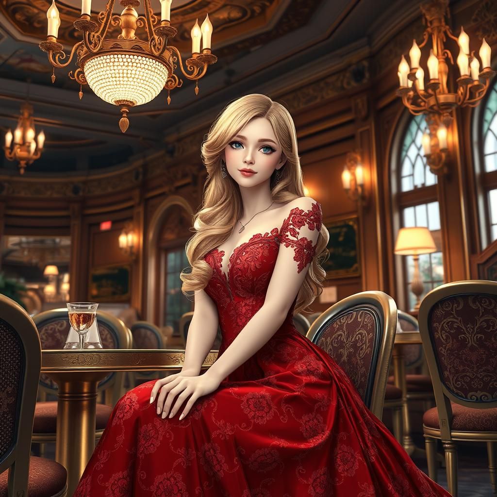 Woman in Red Gown in Ornate Cafe: 3D Anime Art