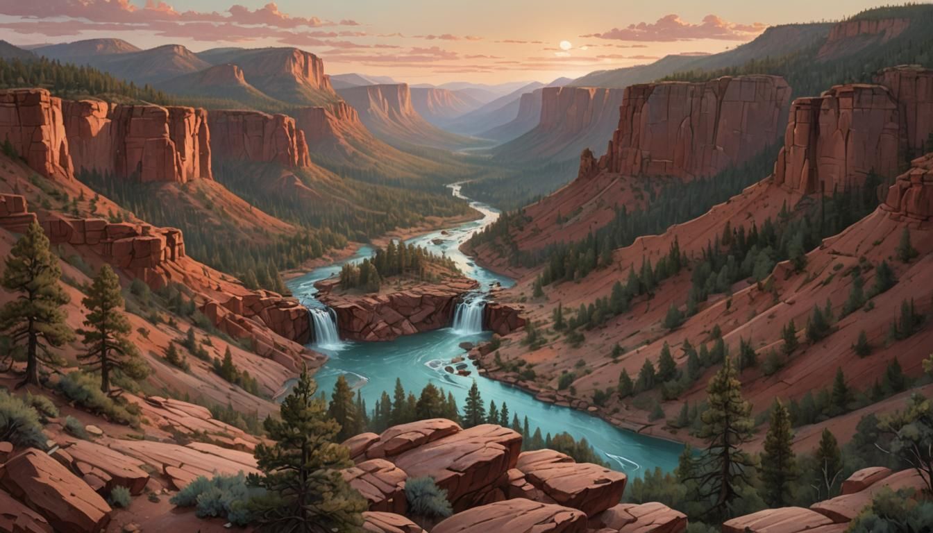 Surreal Western Canyon Landcape with Tranquil Lake and Pine....