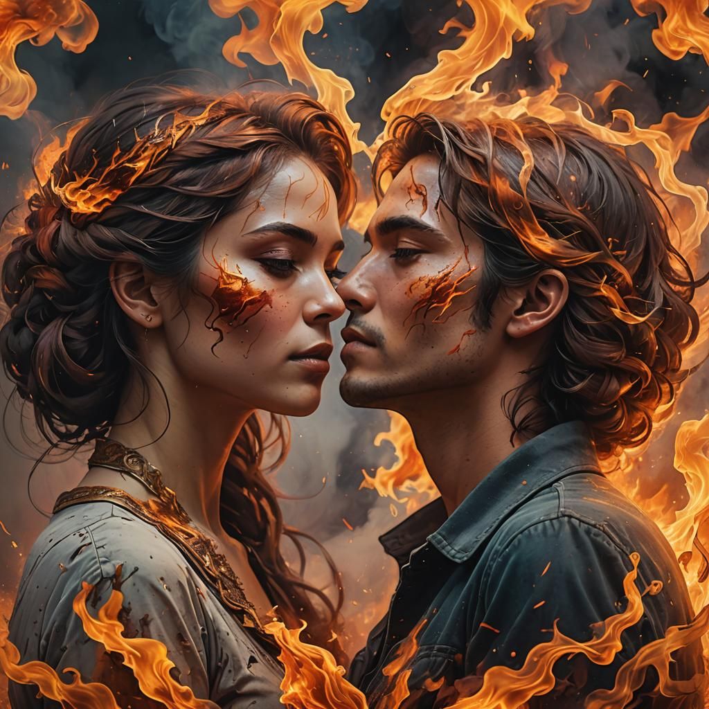 Couple's Fiery Embrace: Hyperrealistic Splash Art