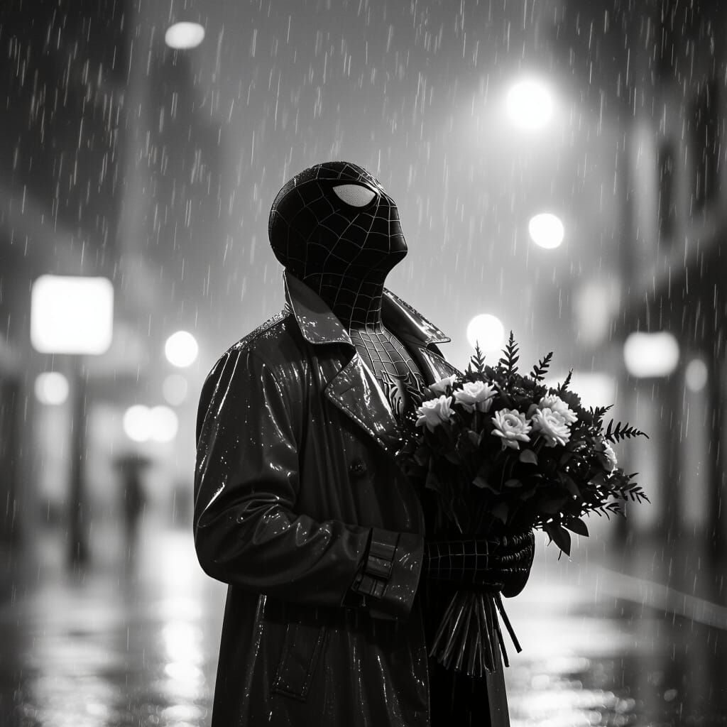 Spider-Man in Rain with Flowers: Noir Photo