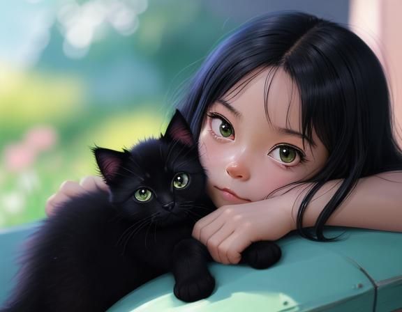 Adorable Black Kitten in Anime Style