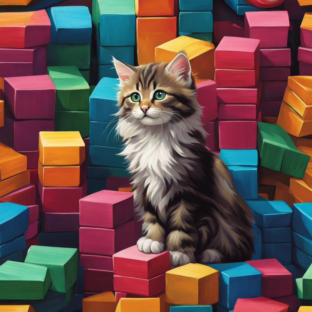 Whimsical Kitten Climbs Towering Cubes in Vibrant Colors