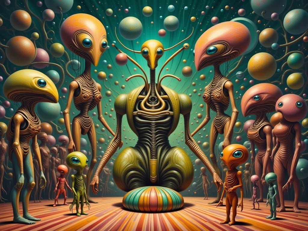 Whimsical Alien Marionette Newscaster in a Psychedelic Sci-F...